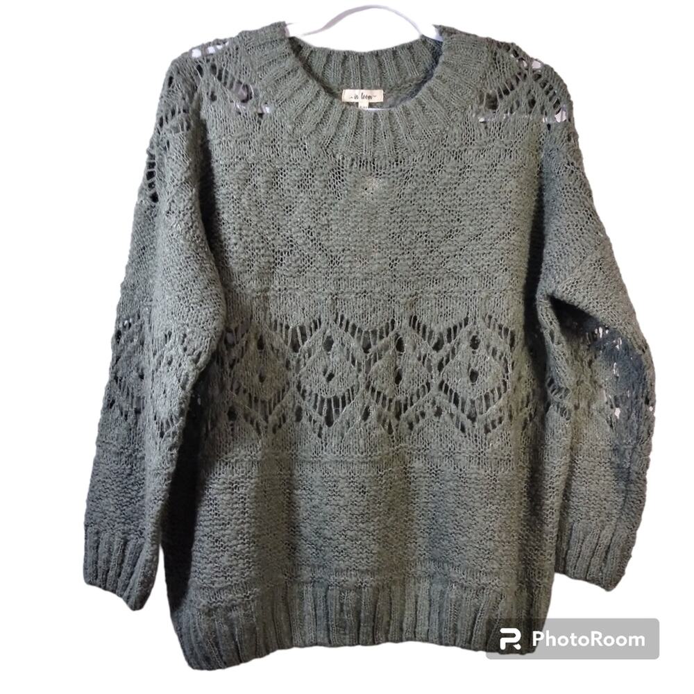 In Loom Open Knit Olive Green Sweater Boxy Cozy Coastal Size S/M